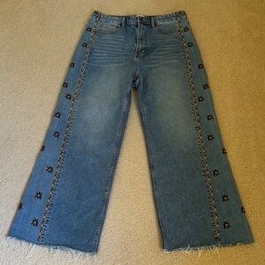DRIFTWOOD Blue wide leg Jeans with Floral Embroidery. 29” waist